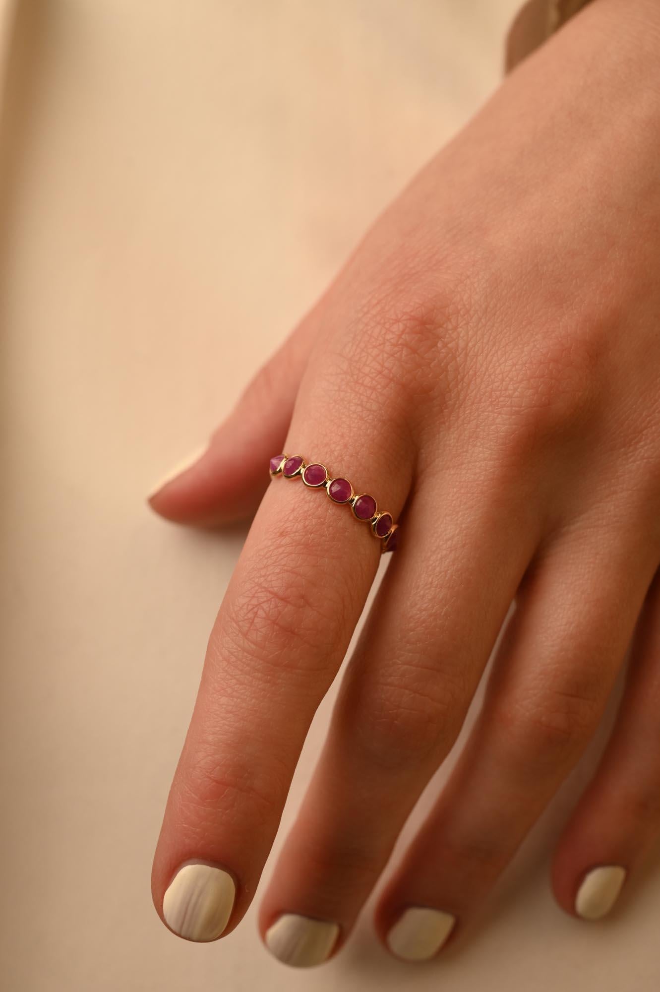 For Sale:  Round Cut Red Ruby Stackable Half Eternity Band Ring 14k Solid Yellow Gold 14