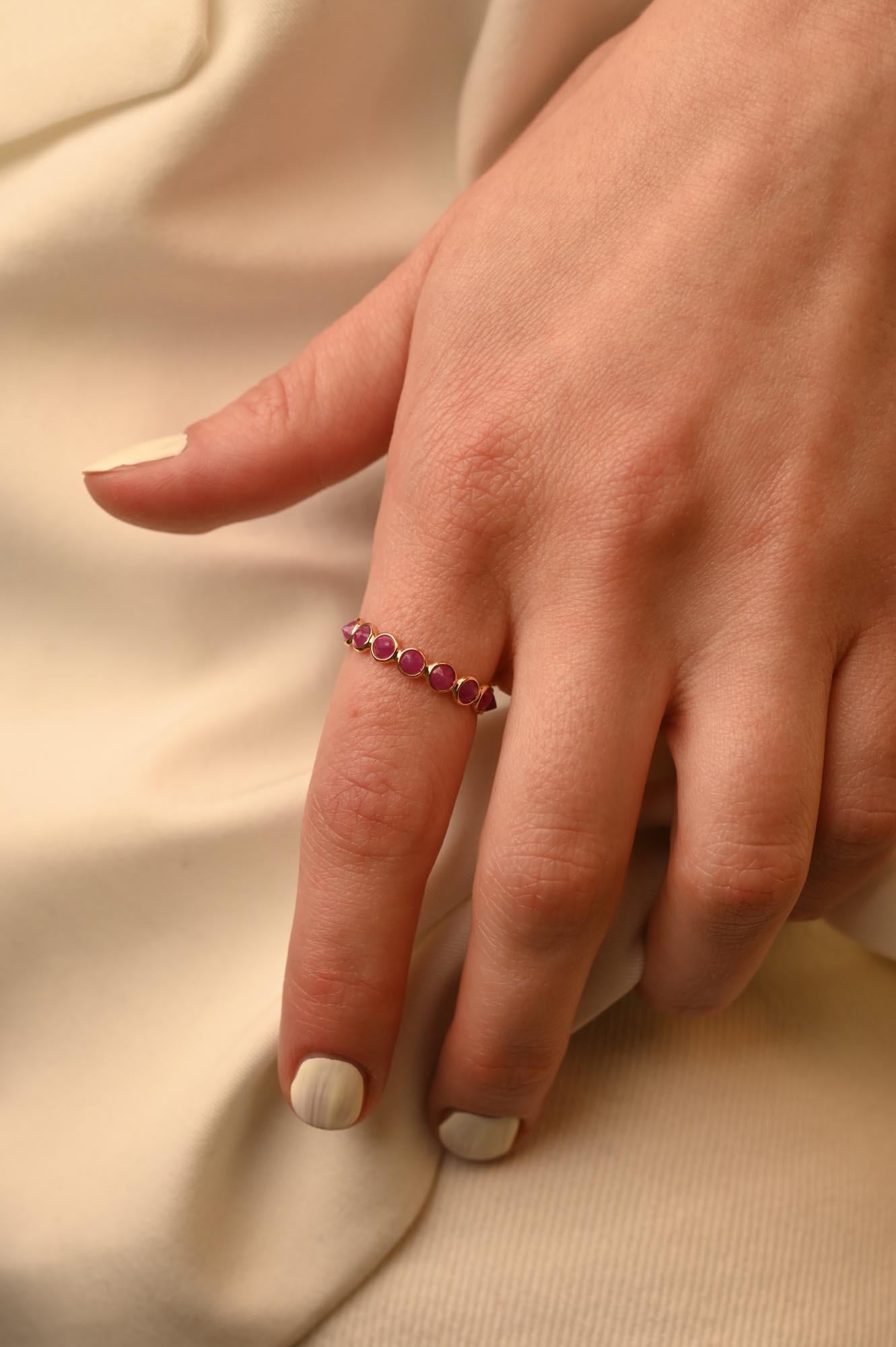 For Sale:  Round Cut Red Ruby Stackable Half Eternity Band Ring 14k Solid Yellow Gold 6