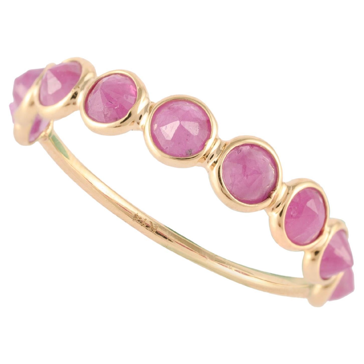 For Sale:  Round Cut Red Ruby Stackable Half Eternity Band Ring 14k Solid Yellow Gold