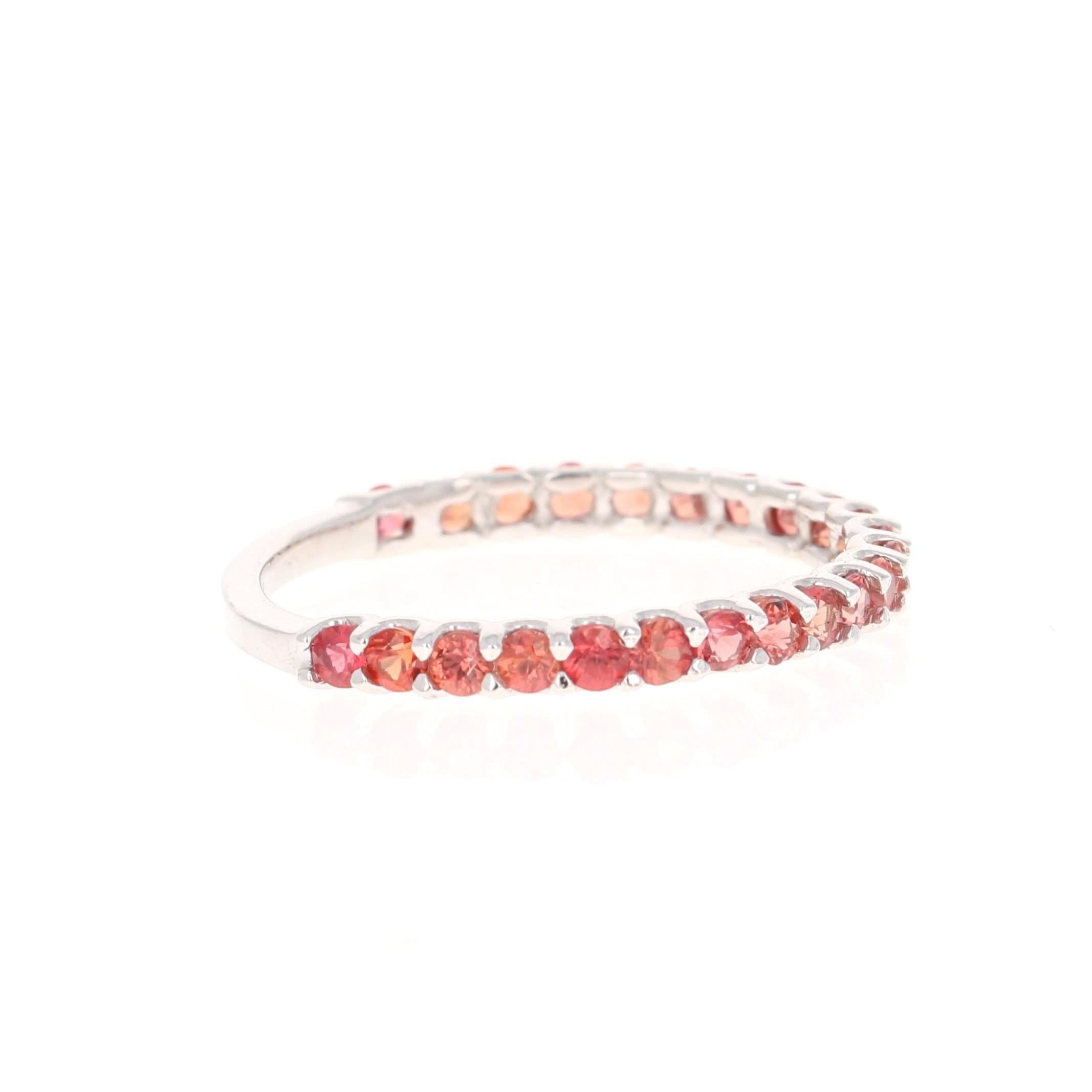 This ring has 23 Natural Round Cut Red Sapphires that weigh 0.85 Carats. 

Crafted in 14 Karat Rose Gold and weighs approximately 1.3 grams 

The ring is a size 7 and can be re-sized at no additional charge!

We have the same band in Rose Gold.