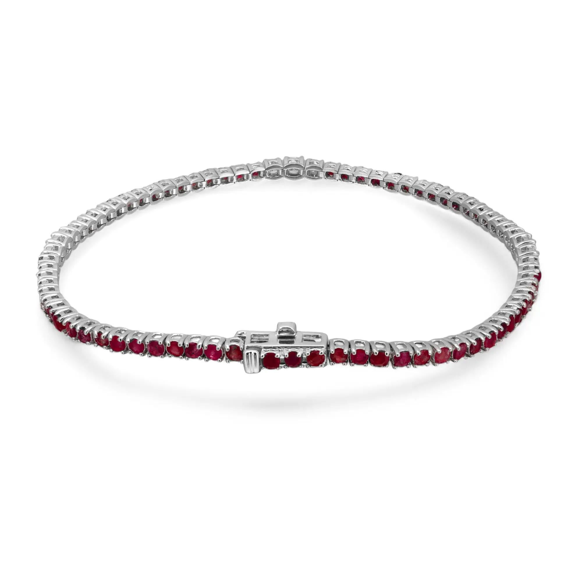 Rubí talla redonda 2,59 qt y diamante 0,47 qt Pulsera de tenis Oro blanco de 14 quilates 7 pulgadas Moderno en venta