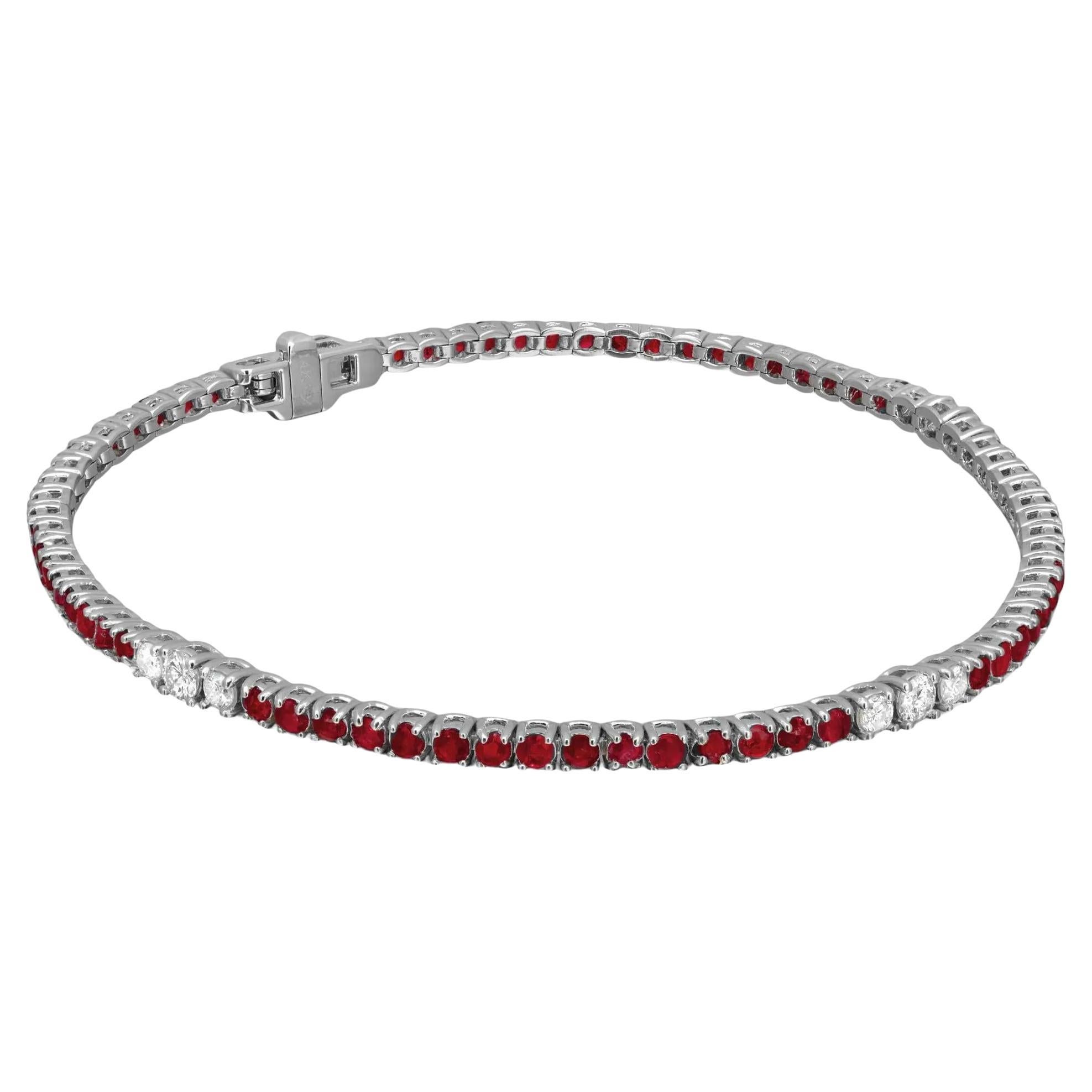 Round Cut Ruby 2.59Ctw & Diamond 0.47Ctw Tennis Bracelet 14K White Gold 7 Inches