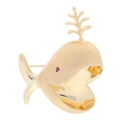 Round Cut Ruby-Accented Vintage Whale Brooch, 14k Yellow Gold Crosshatch Pin