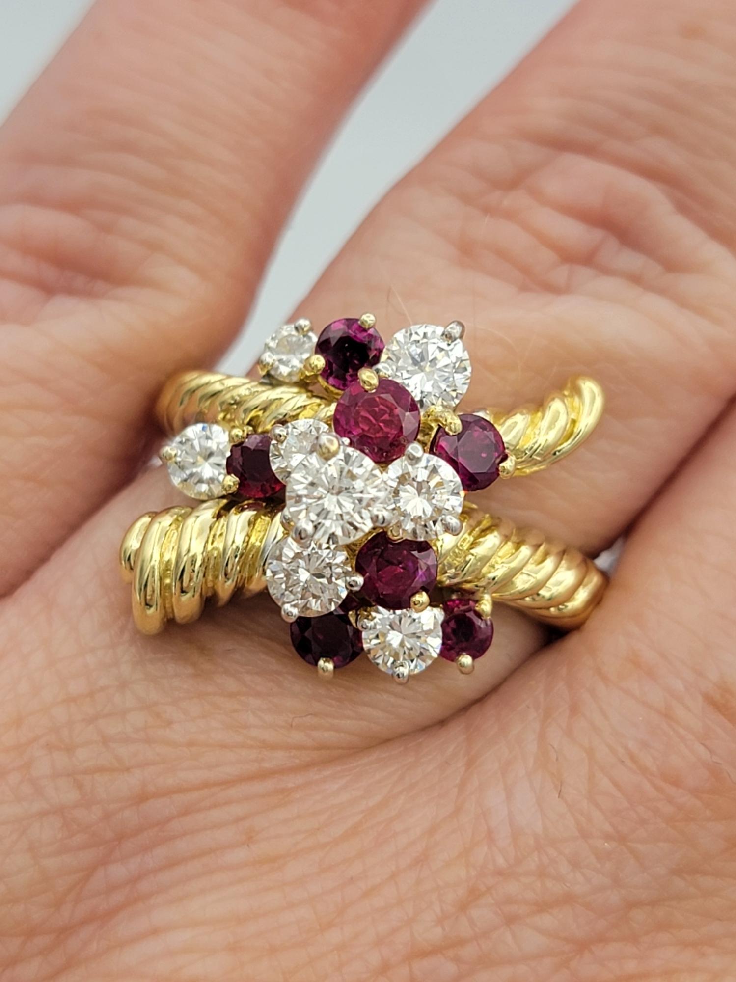 Round Cut Ruby and Diamond Spray Ring with Twisted Band in 18 Karat Yellow Gold For Sale 5
