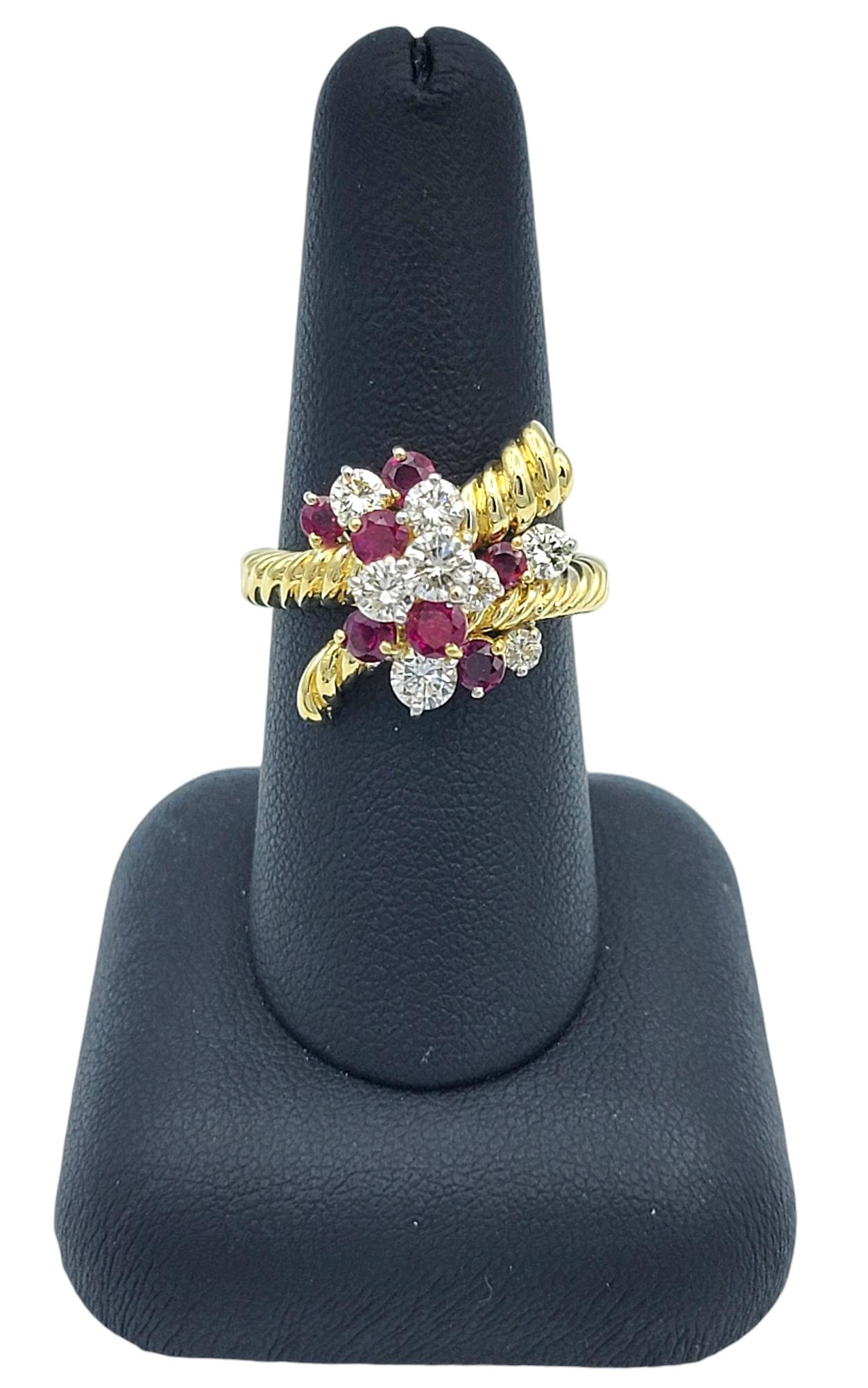 Round Cut Ruby and Diamond Spray Ring with Twisted Band in 18 Karat Yellow Gold For Sale 6