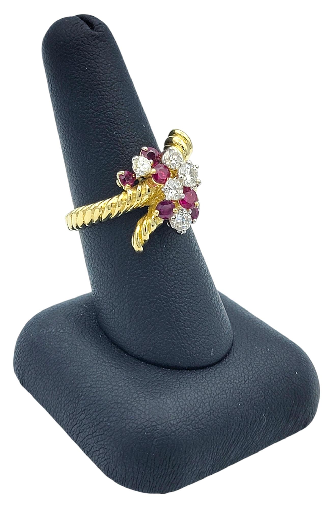 Round Cut Ruby and Diamond Spray Ring with Twisted Band in 18 Karat Yellow Gold For Sale 7