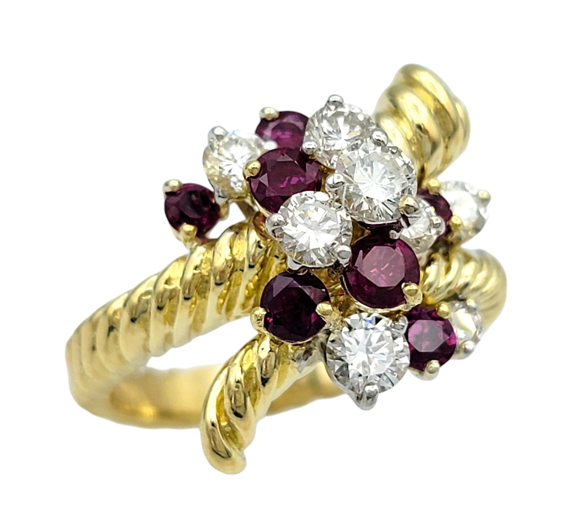 Ring Size: 8

Embrace the timeless allure of luxury with this stunning ring, a brilliant fusion of radiant diamonds, vivid rubies, and intricate craftsmanship. At the heart of this exquisite piece is a captivating cluster of round diamonds and