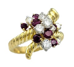 Round Cut Ruby and Diamond Spray Ring with Twisted Band in 18 Karat Yellow Gold