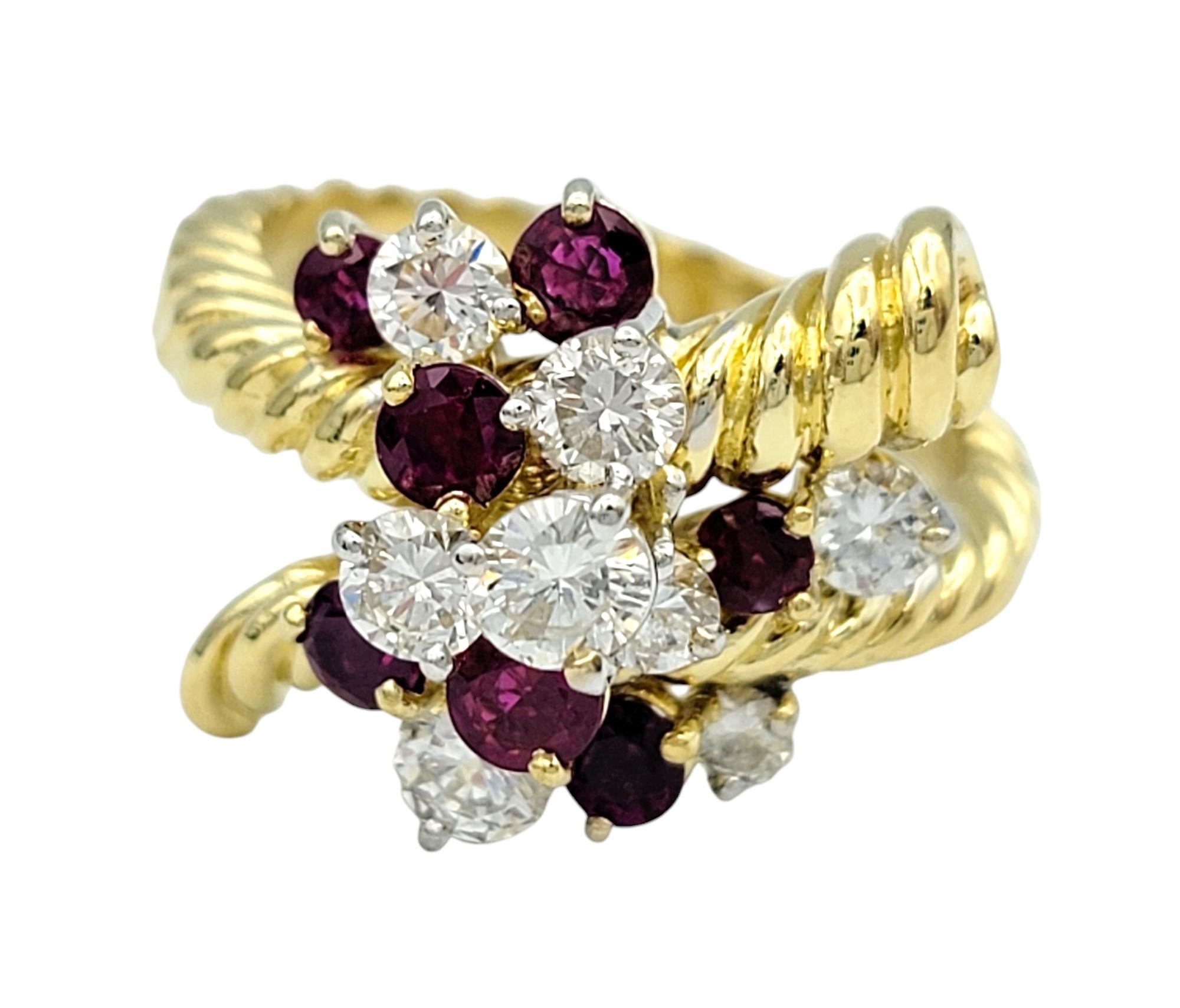 Contemporary Round Cut Ruby and Diamond Spray Ring with Twisted Band in 18 Karat Yellow Gold For Sale