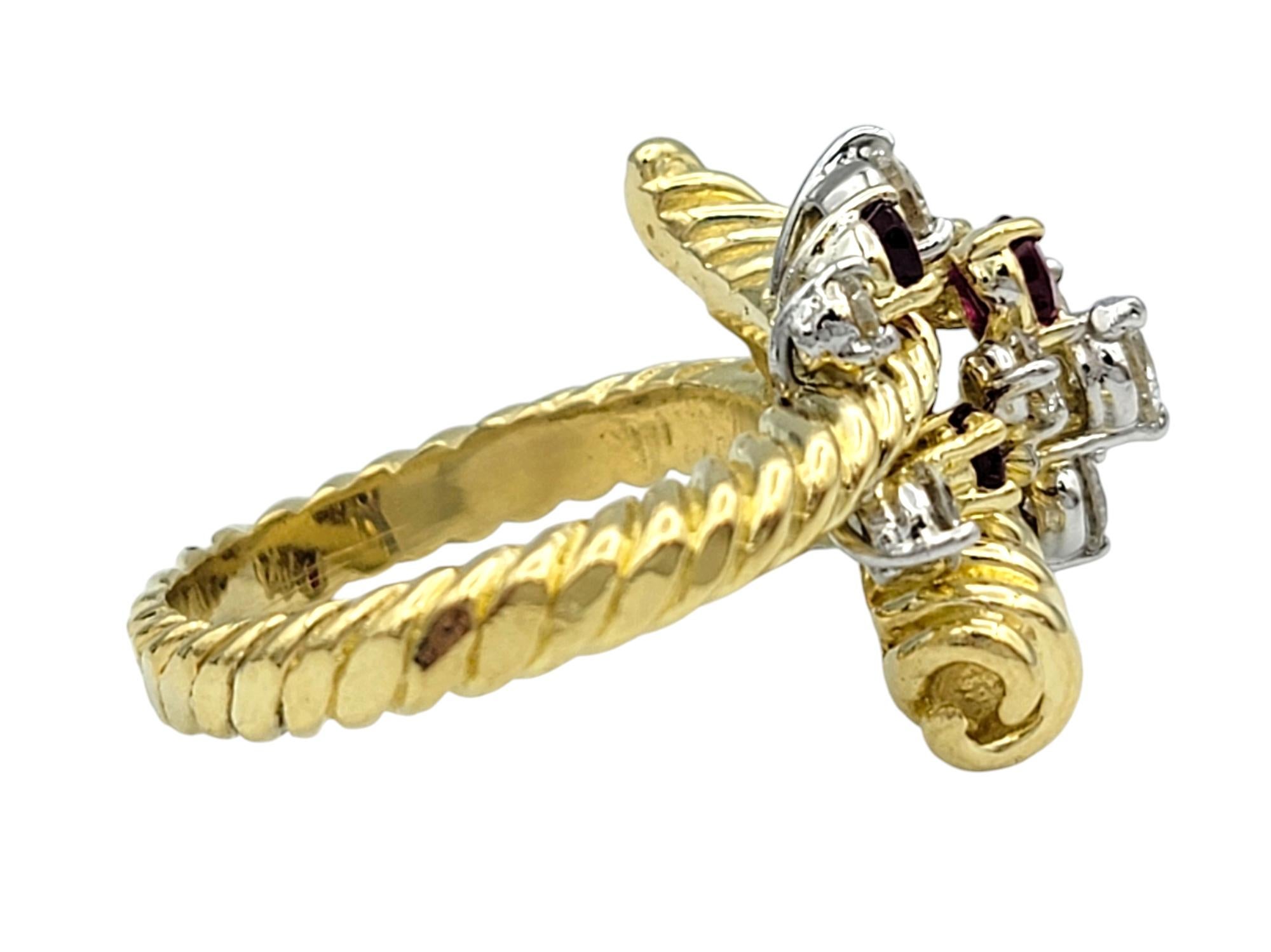 Women's Round Cut Ruby and Diamond Spray Ring with Twisted Band in 18 Karat Yellow Gold For Sale