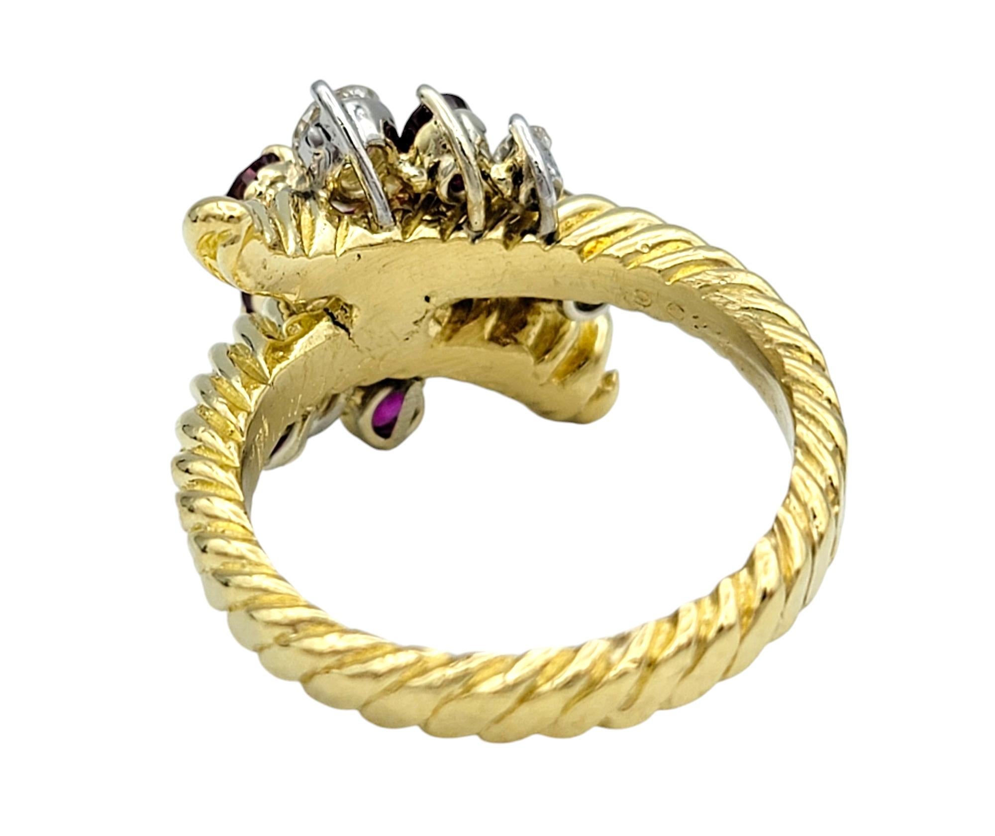 Round Cut Ruby and Diamond Spray Ring with Twisted Band in 18 Karat Yellow Gold For Sale 1