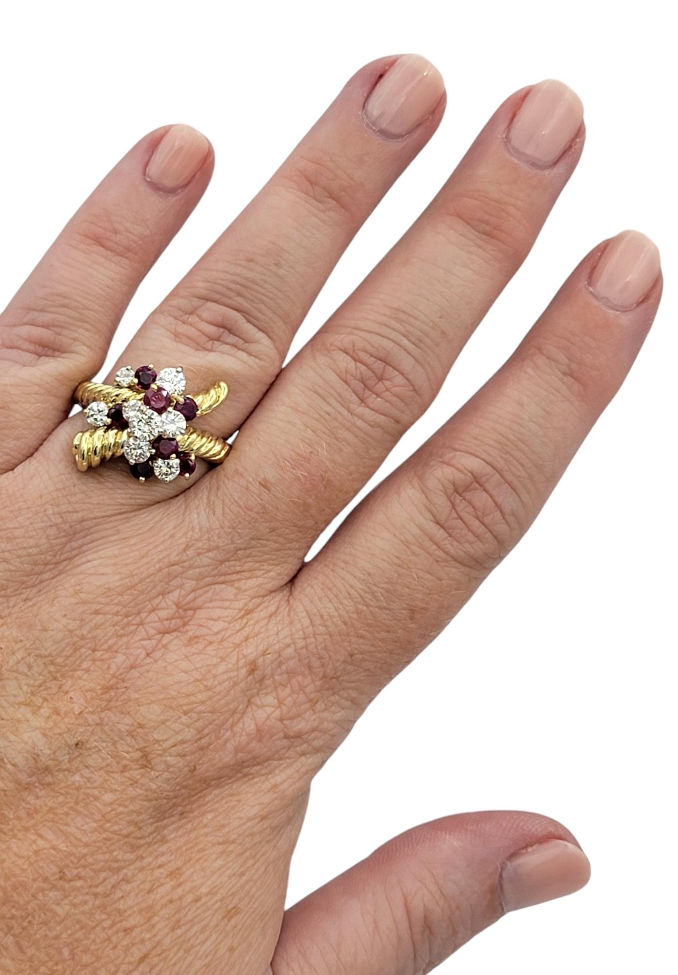 Round Cut Ruby and Diamond Spray Ring with Twisted Band in 18 Karat Yellow Gold For Sale 4