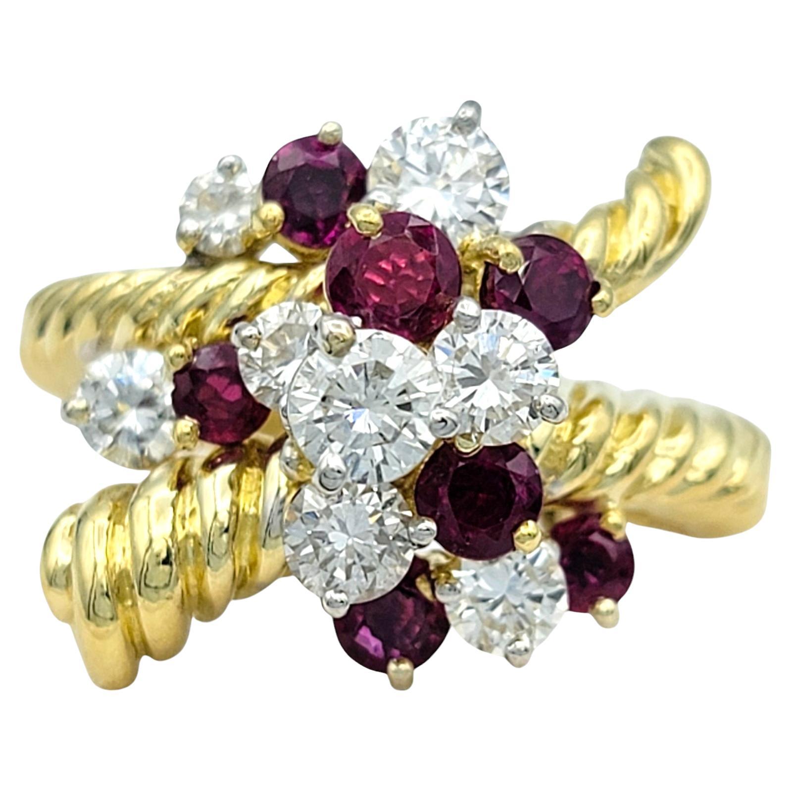 Round Cut Ruby and Diamond Spray Ring with Twisted Band in 18 Karat Yellow Gold For Sale