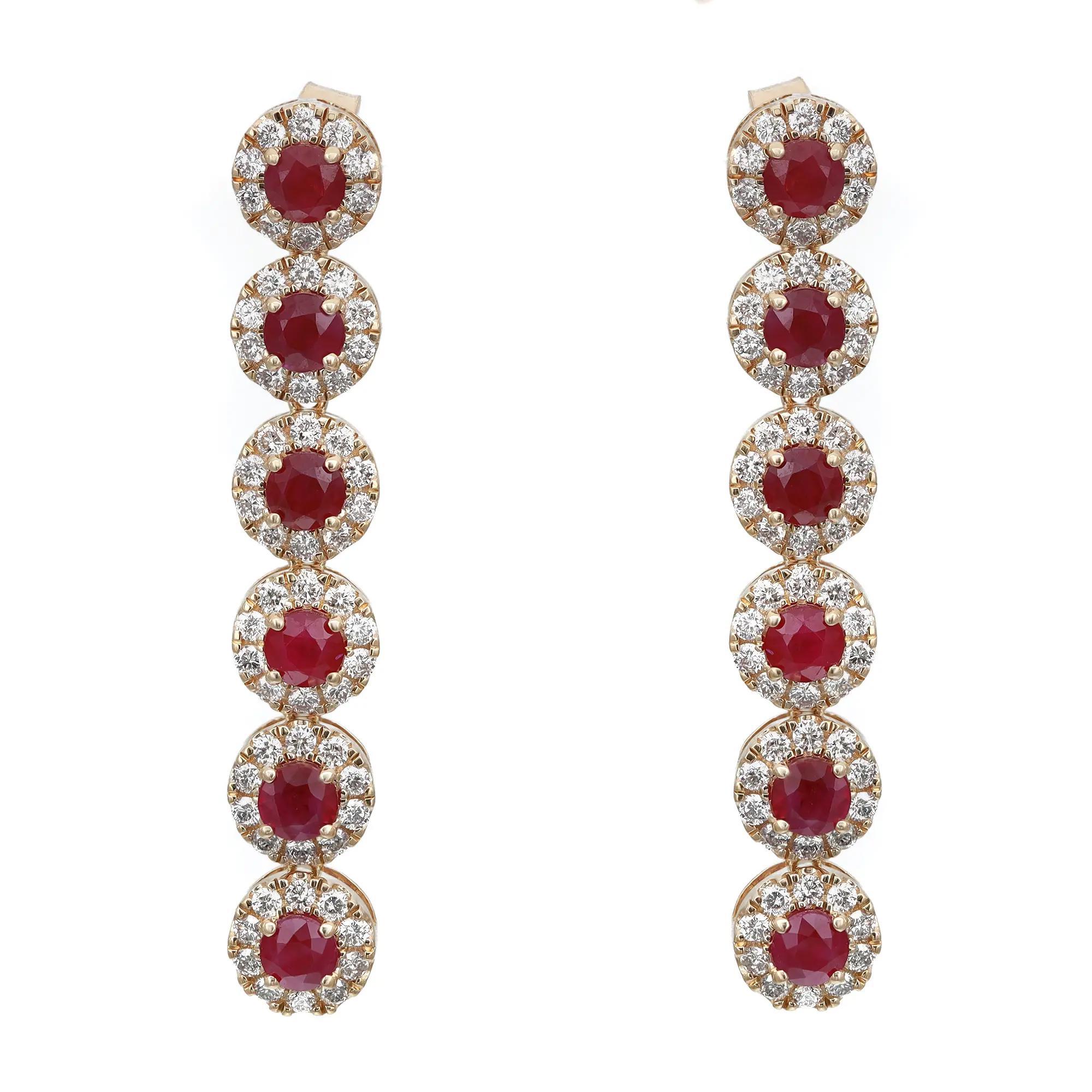 Modern Round Cut Ruby & Diamond Halo Long Drop Earrings 14K Yellow Gold 1.5 In For Sale