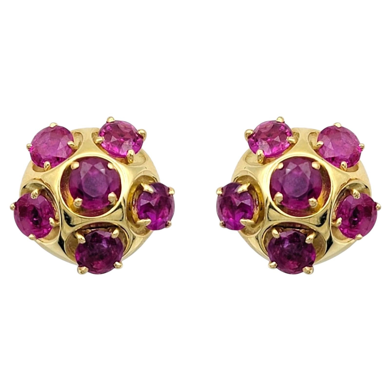 Round Cut Ruby Floral Cluster Stud Earrings in 18 Karat Yellow Gold For Sale