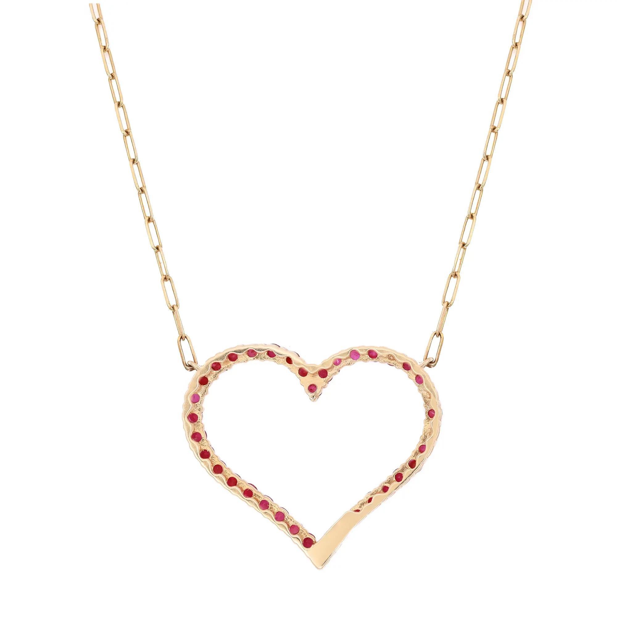 Modern Round Cut Ruby Open Heart Pendant Necklace 14K Yellow Gold 1.35Cttw For Sale
