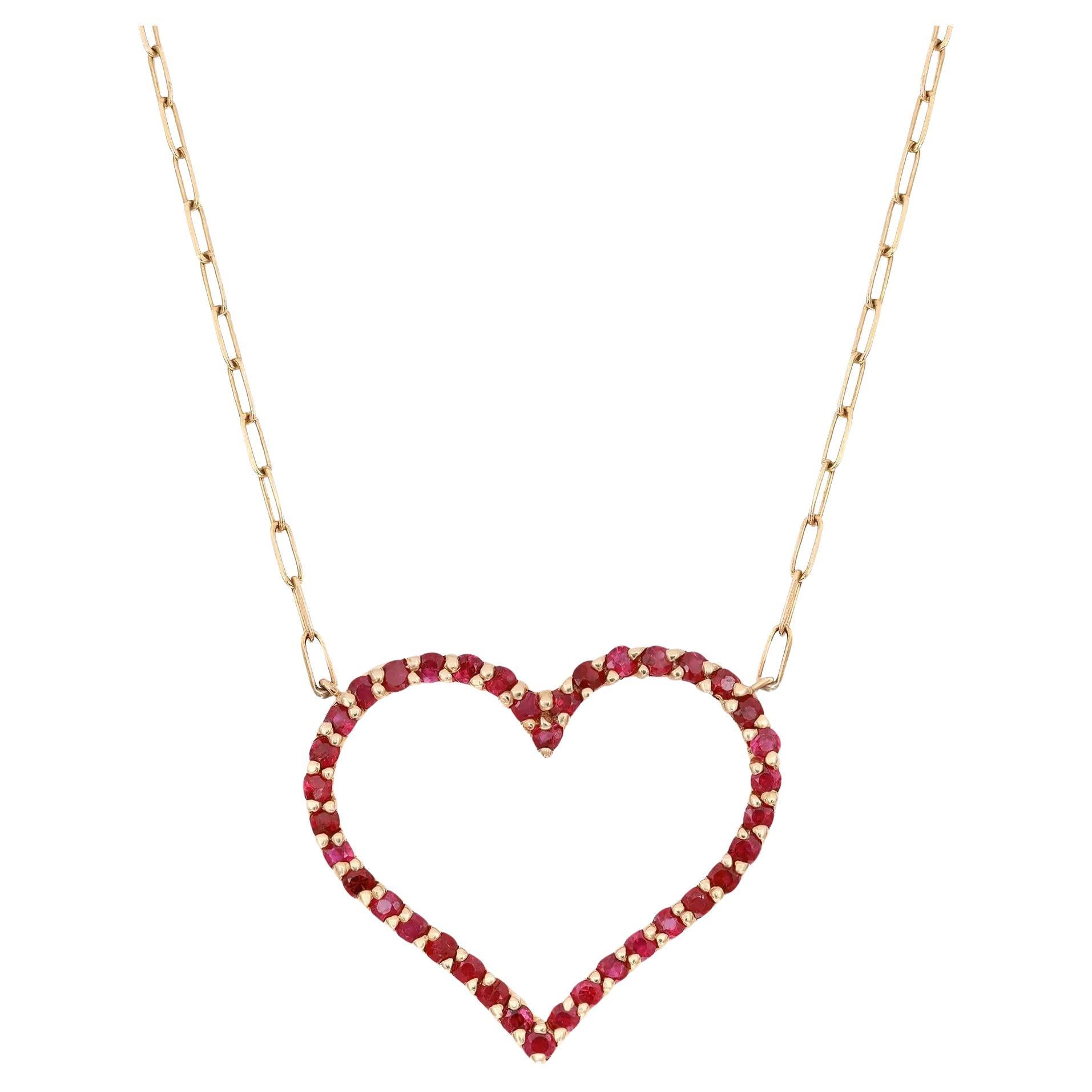 Round Cut Ruby Open Heart Pendant Necklace 14K Yellow Gold 1.35Cttw