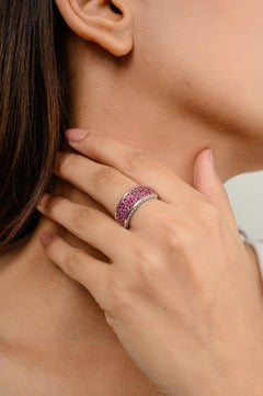 Round Cut Ruby Pave Setting Diamond Engagement Band in 18k Solid White Gold