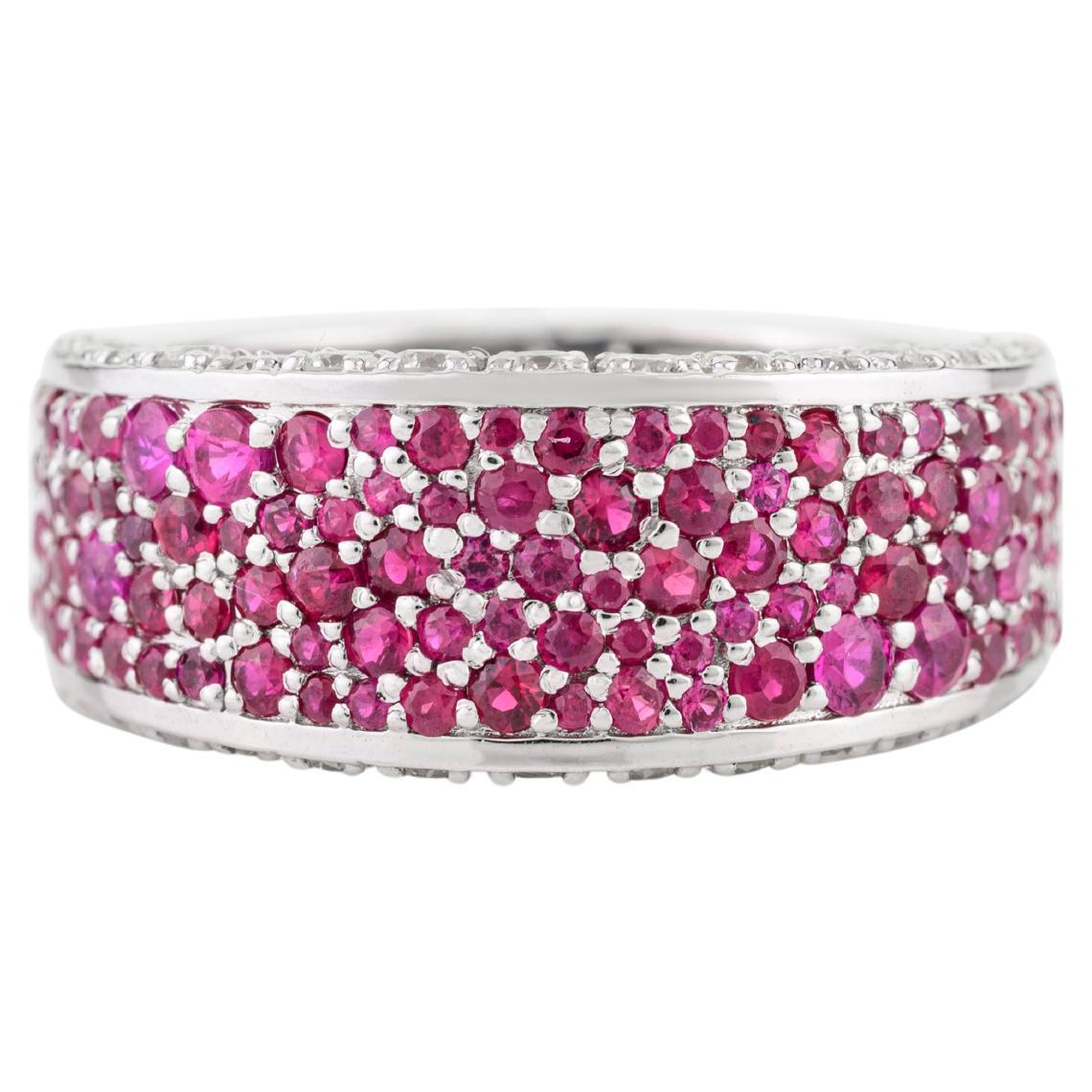 Round Cut Ruby Pave Setting Diamond Engagement Band in 18k Solid White Gold