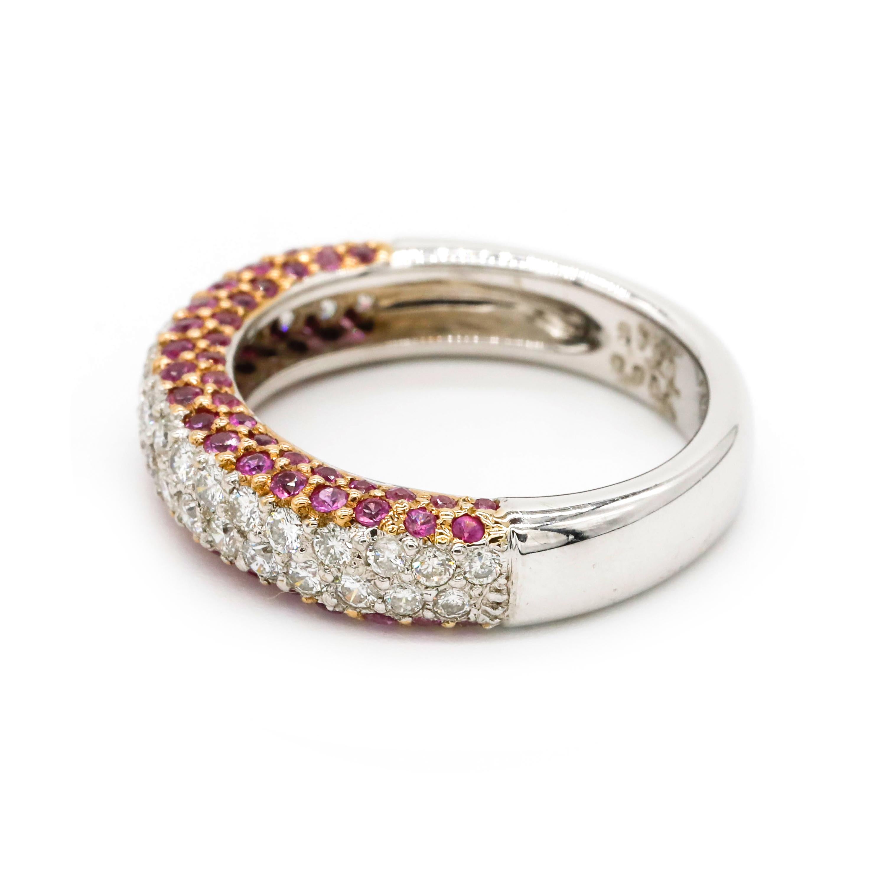 Round Cut Ruby Pave Setting Diamond Pave Band Ring in 18 k White Gold

A wedding band or an Anniversary ring - this ring is just perfection. Featuring a single row of natural ruby stones of Round cut, set in a prong setting. Buffed to a brilliant