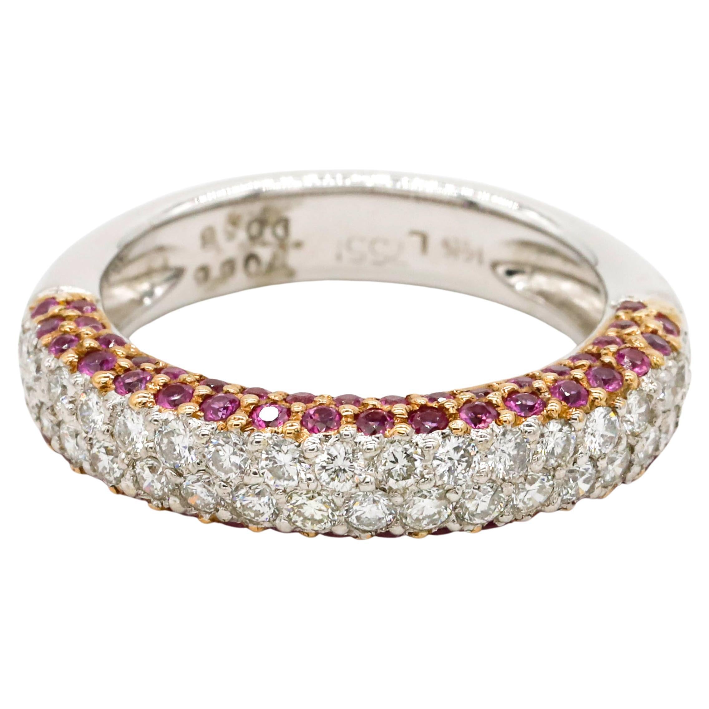 Round Cut Ruby Pave Setting Diamond Pave Eternity Band Ring in 18 K White Gold For Sale