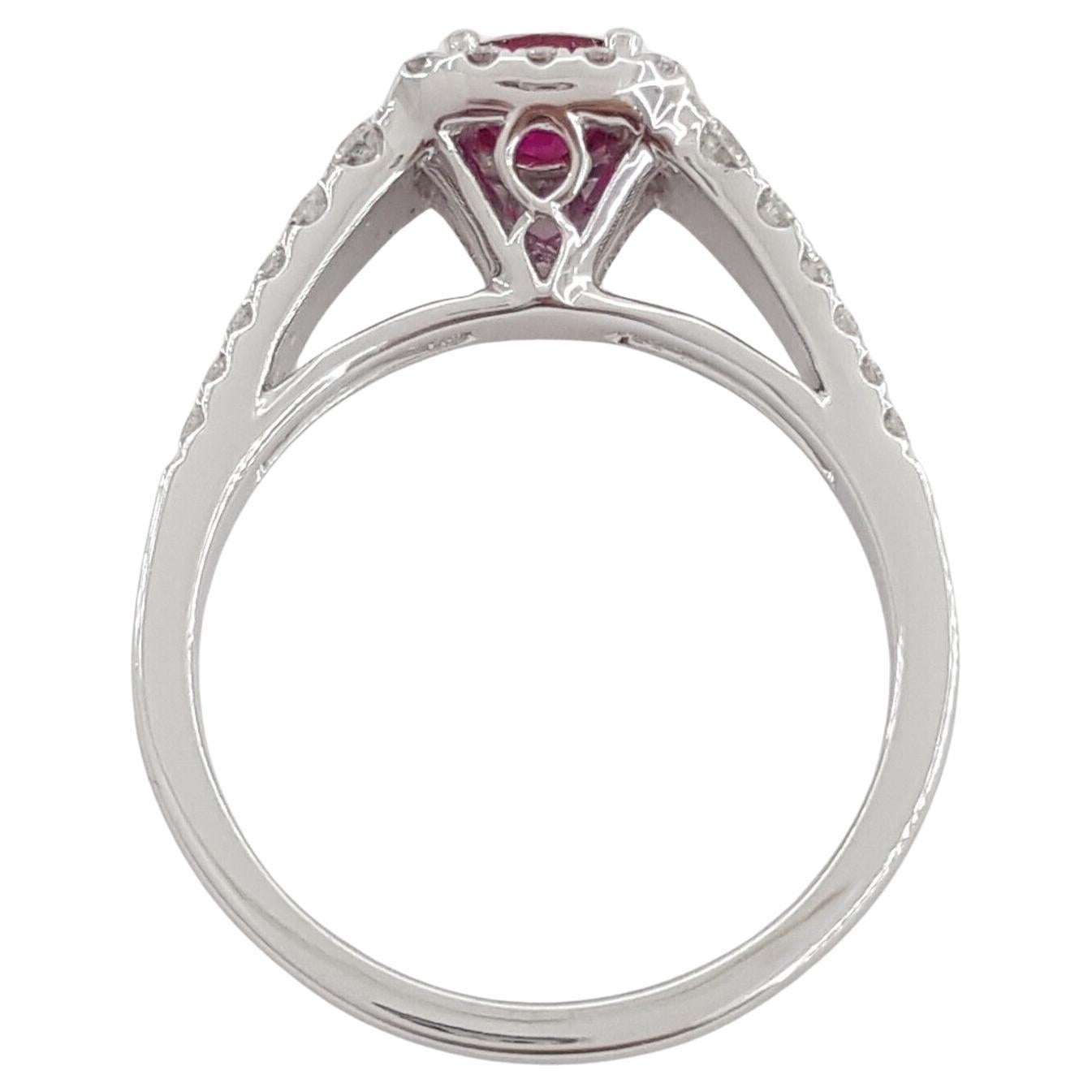 Contemporary Round Cut Ruby & Round Brilliant Cut Diamond Halo Engagement Ring For Sale