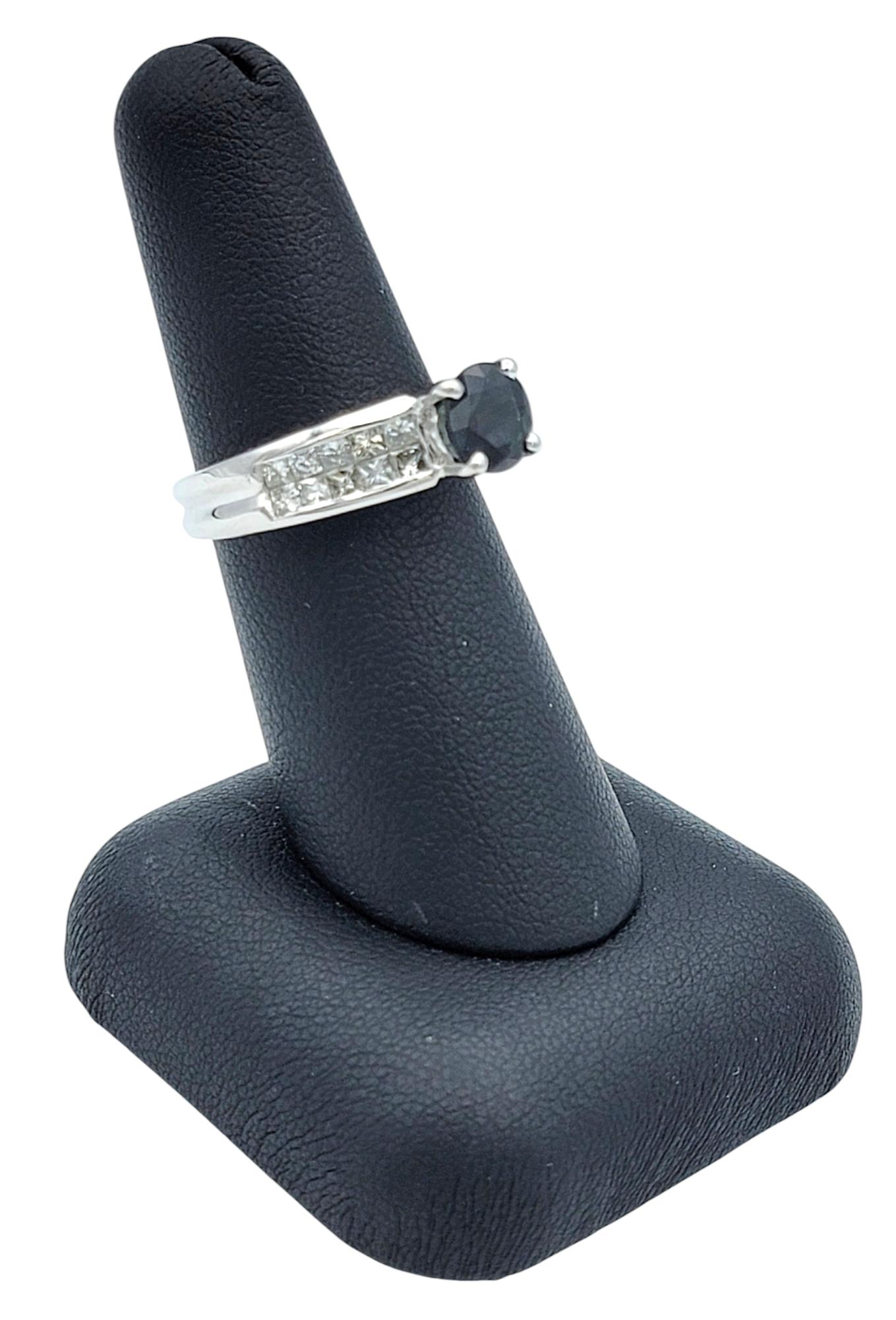 Round Cut Sapphire and Princess Cut Diamond Band Ring in 18 Karat White Gold For Sale 5