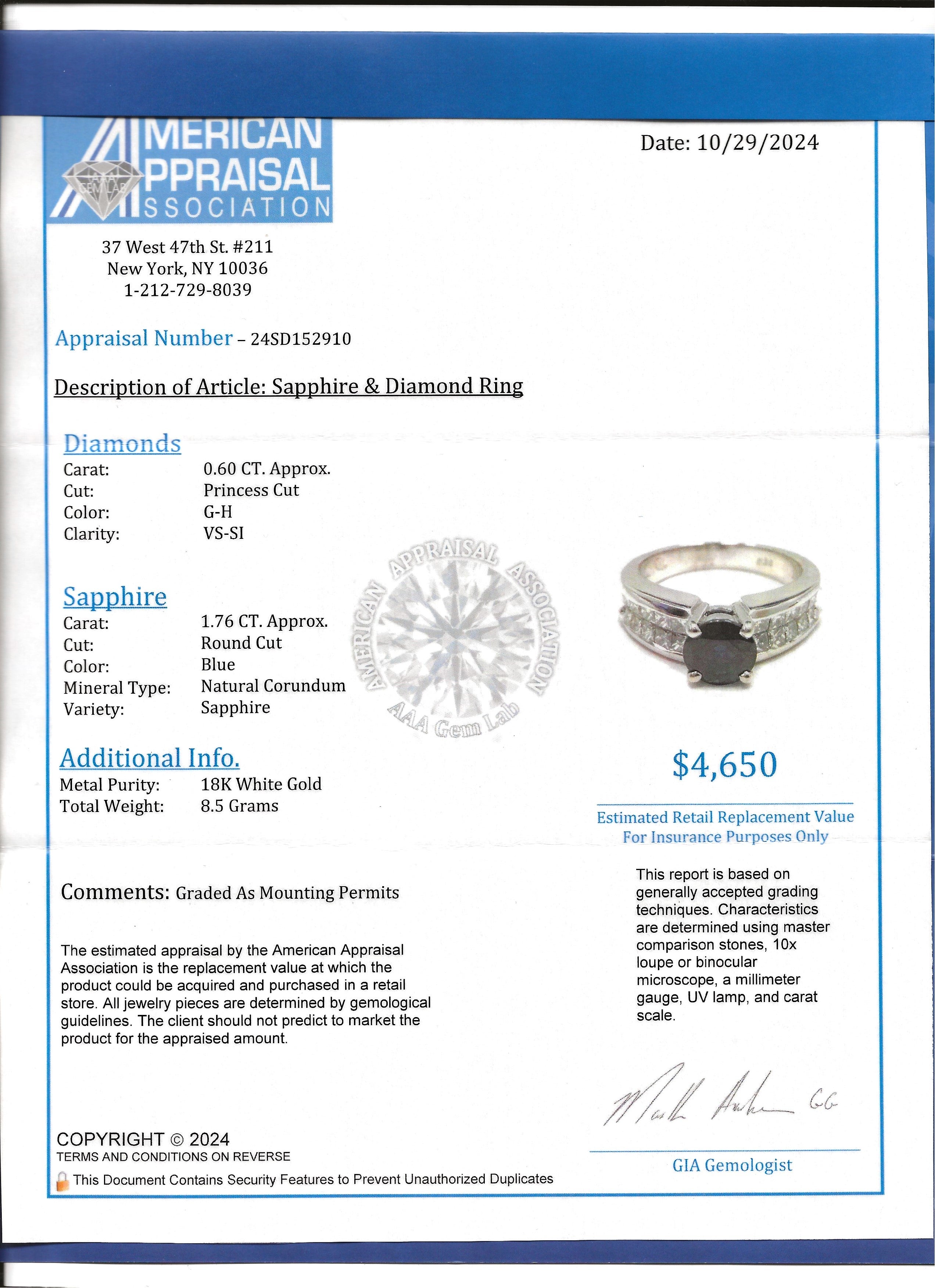 Round Cut Sapphire and Princess Cut Diamond Band Ring in 18 Karat White Gold For Sale 6