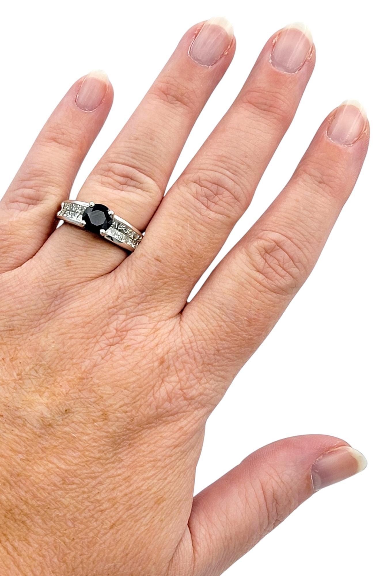 Round Cut Sapphire and Princess Cut Diamond Band Ring in 18 Karat White Gold For Sale 2