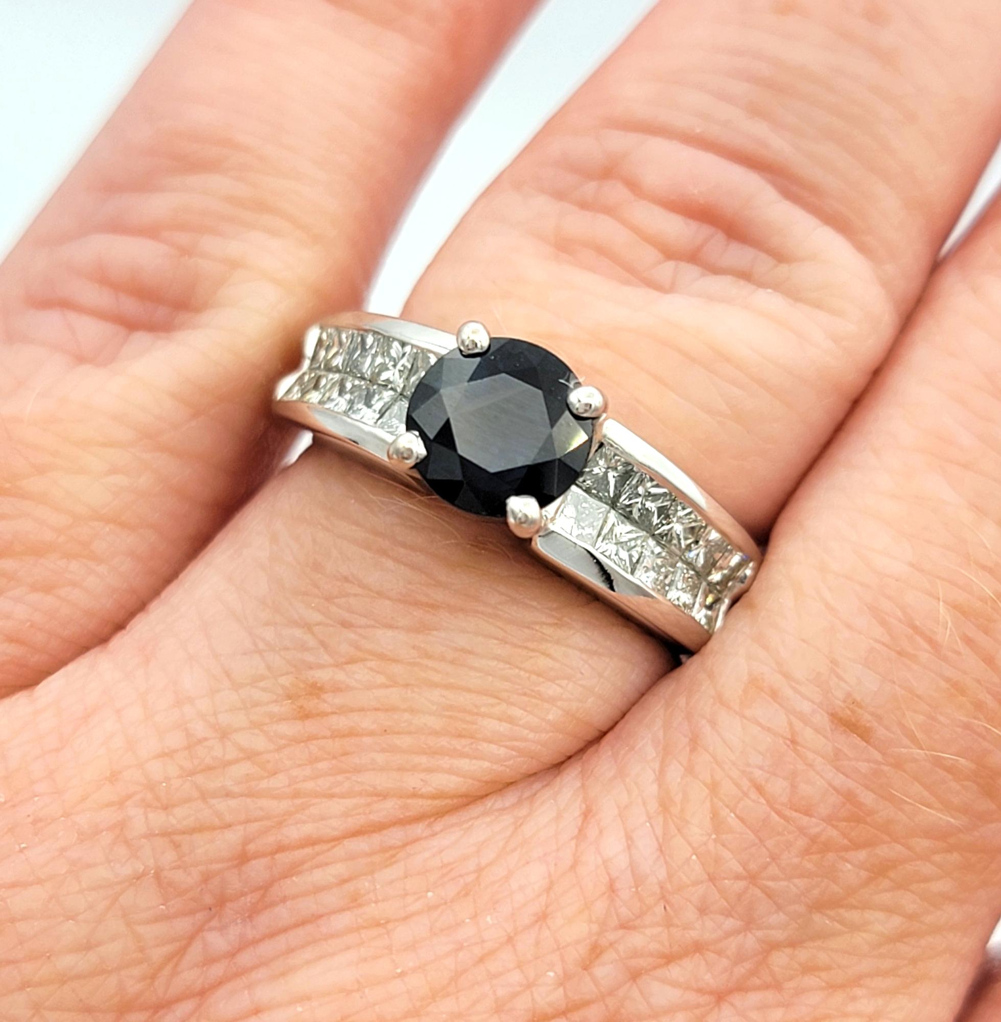 Round Cut Sapphire and Princess Cut Diamond Band Ring in 18 Karat White Gold For Sale 3