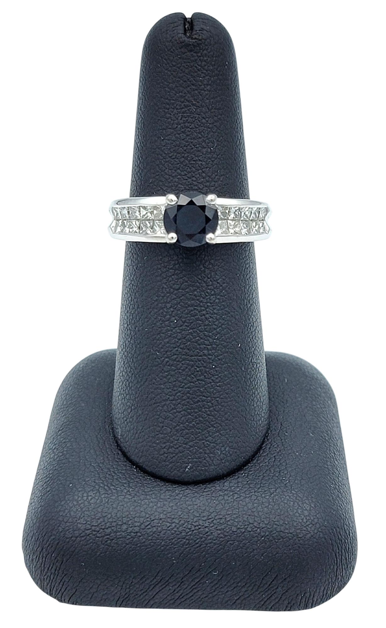 Round Cut Sapphire and Princess Cut Diamond Band Ring in 18 Karat White Gold For Sale 4