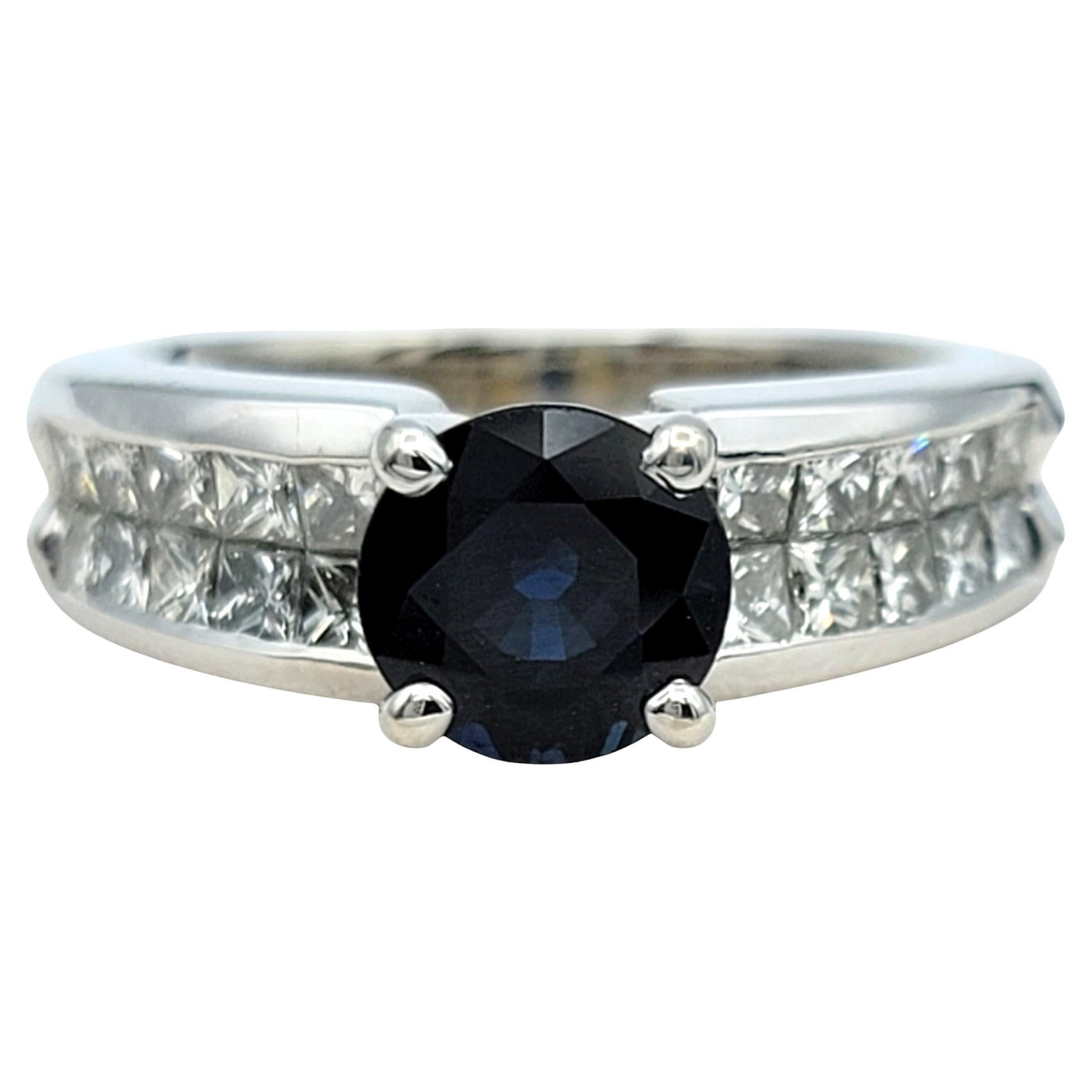 Round Cut Sapphire and Princess Cut Diamond Band Ring in 18 Karat White Gold
