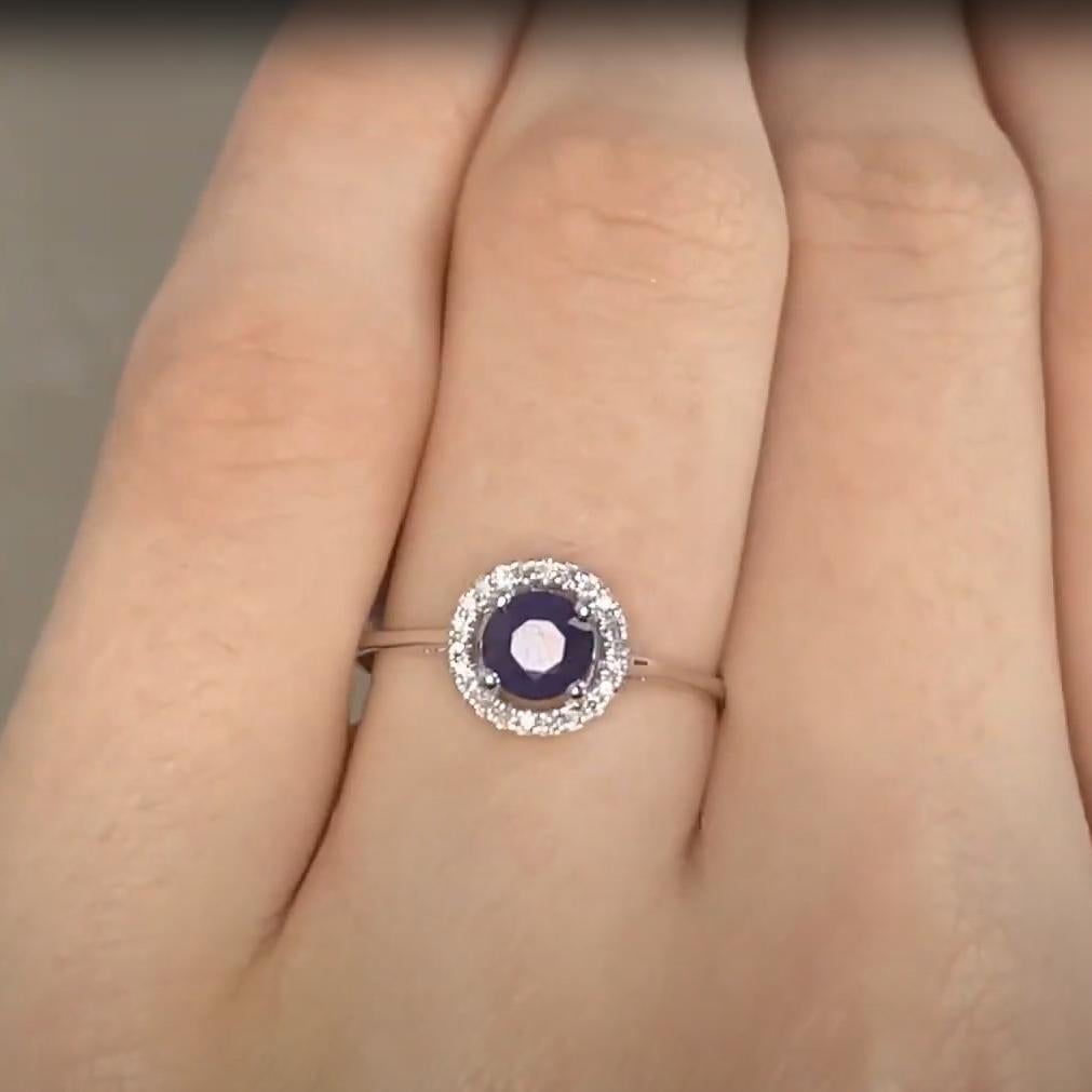 Zafiro talla redonda (aprox. 0,50 quilates) Halo Anillo con garras, Oro blanco 14k Art Decó en venta