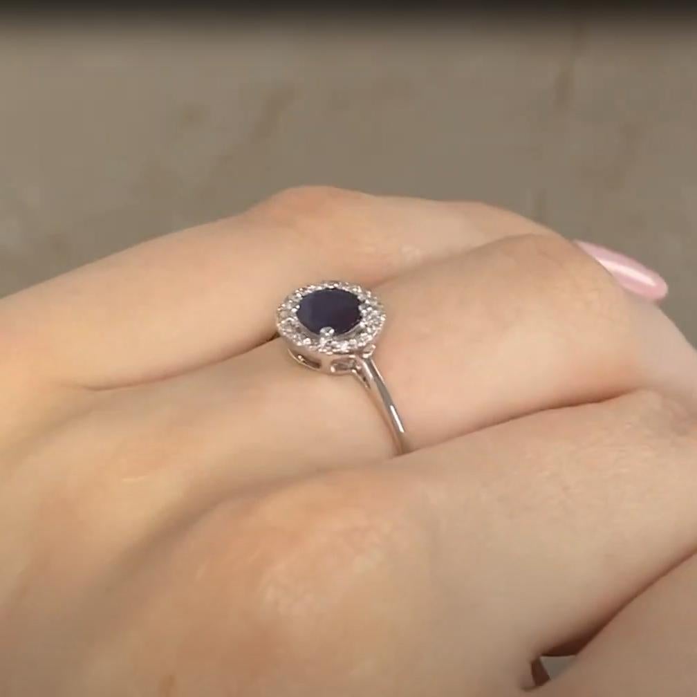 Zafiro talla redonda (aprox. 0,50 quilates) Halo Anillo con garras, Oro blanco 14k Corte redondo en venta