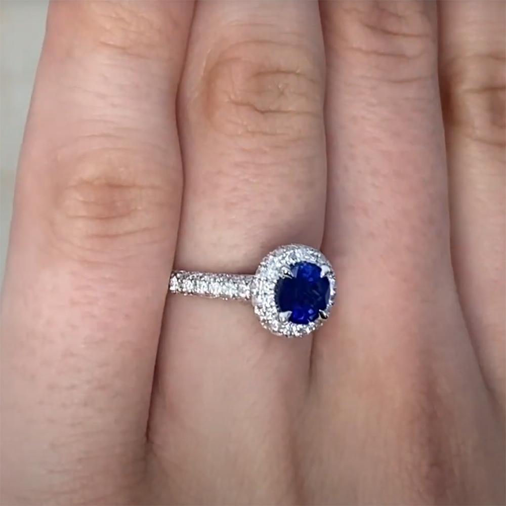 Art Deco Round Cut Sapphire Prong Halo Ring (Approx. 0.90-Carats) w/ Diamonds, Platinum For Sale