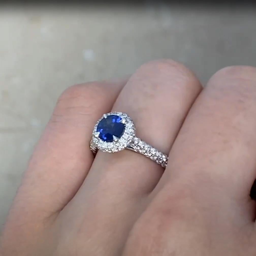 Women's Round Cut Sapphire Prong Halo Ring (Approx. 0.90-Carats) w/ Diamonds, Platinum For Sale
