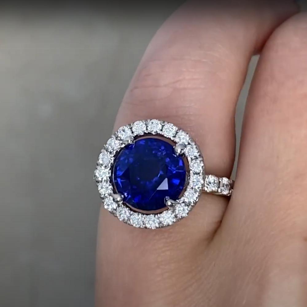Women's Round Cut Sapphire (Approx. 5.00-Carats) and Diamond Halo Ring, 18k White Gold For Sale