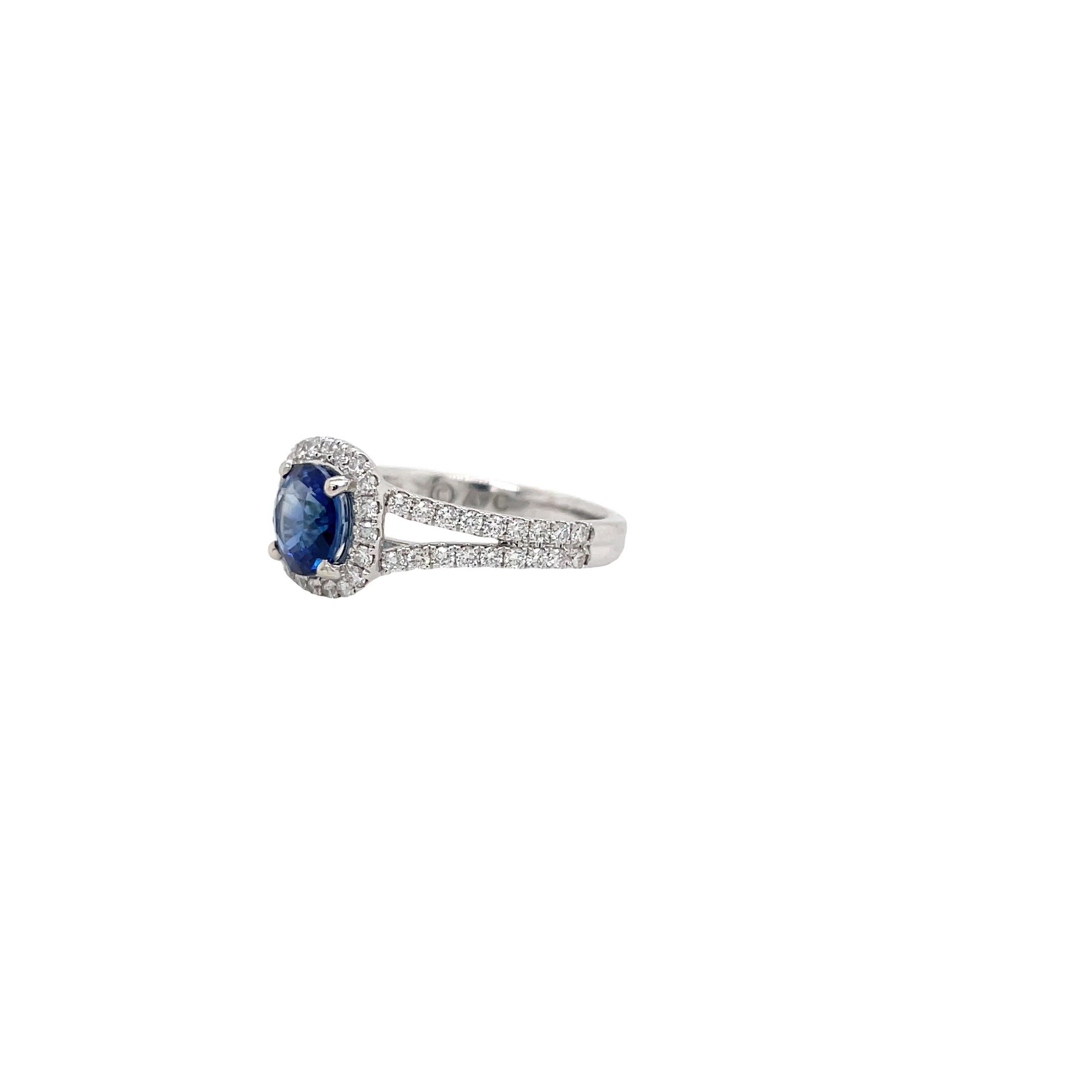 Women's Round Cut Sapphire & Diamond Split Halo Ring in White Gold For Sale