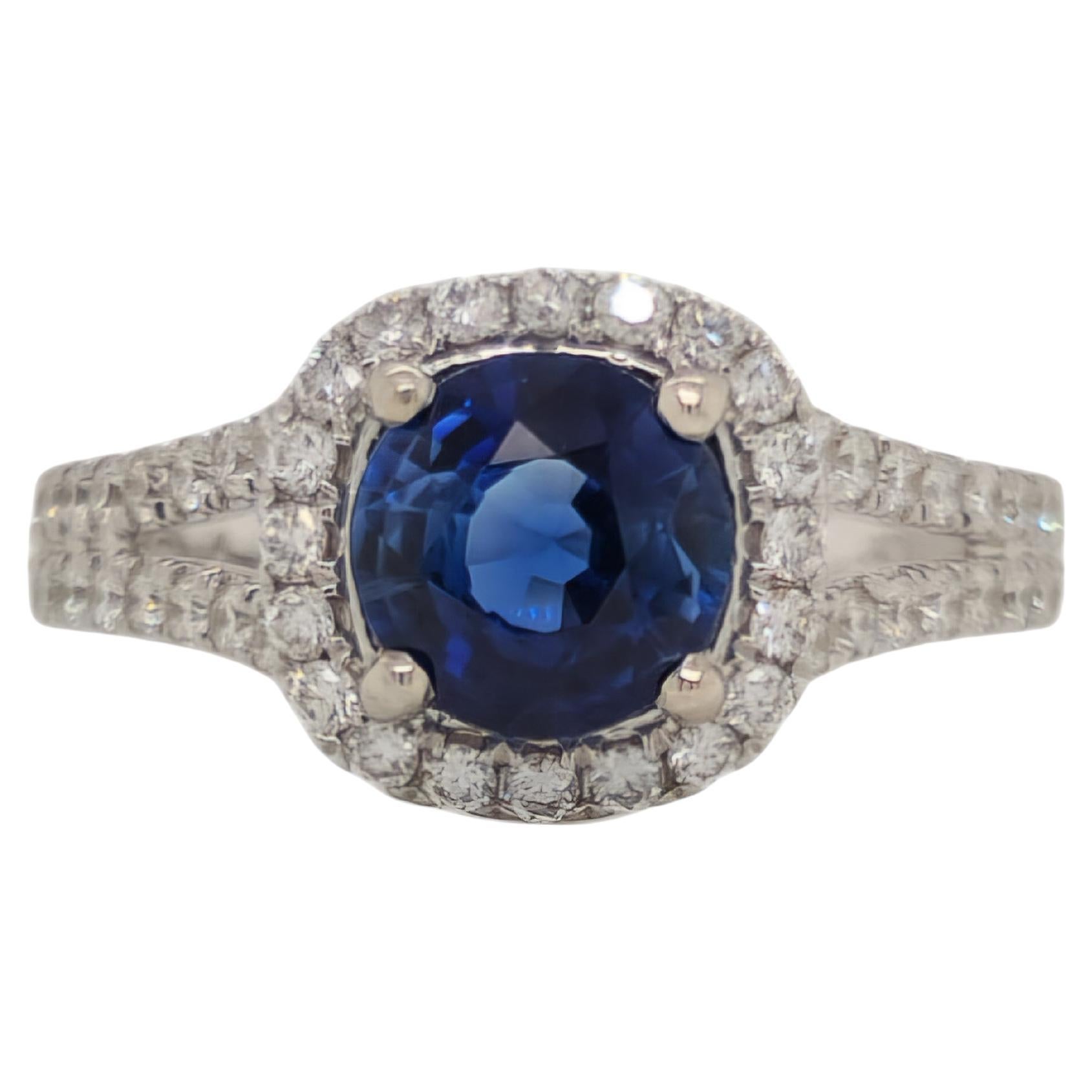 Round Cut Sapphire & Diamond Split Halo Ring in White Gold