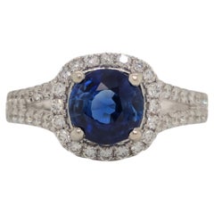 Round Cut Sapphire & Diamond Split Halo Ring in White Gold