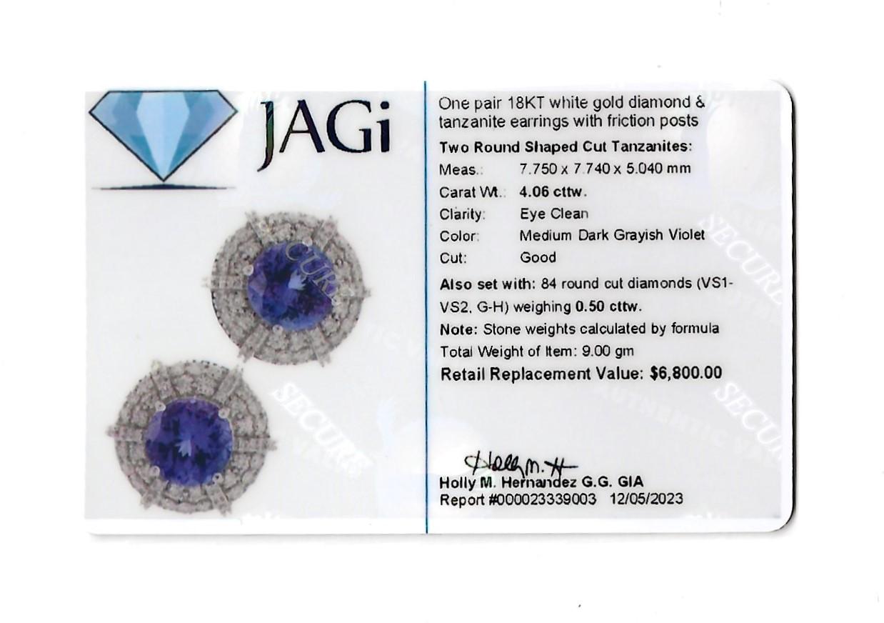 Round Cut Tanzanite and Double Diamond Halo Stud Earrings in 18 Karat White Gold For Sale 5