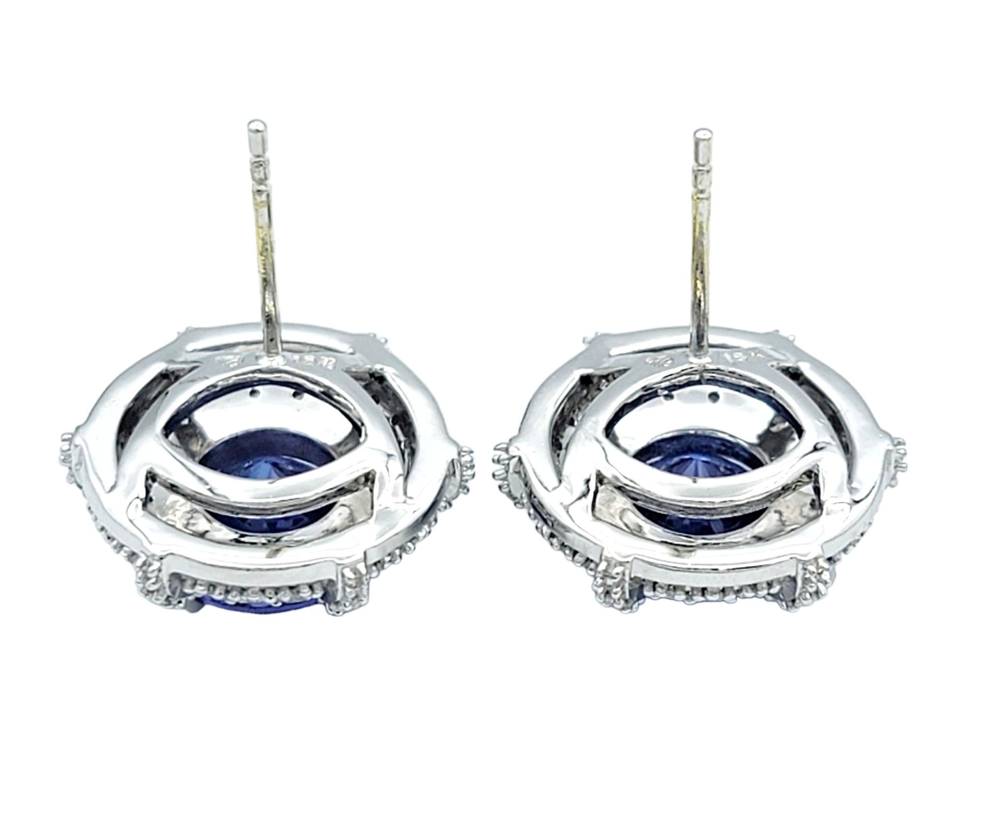 Round Cut Tanzanite and Double Diamond Halo Stud Earrings in 18 Karat White Gold For Sale 1