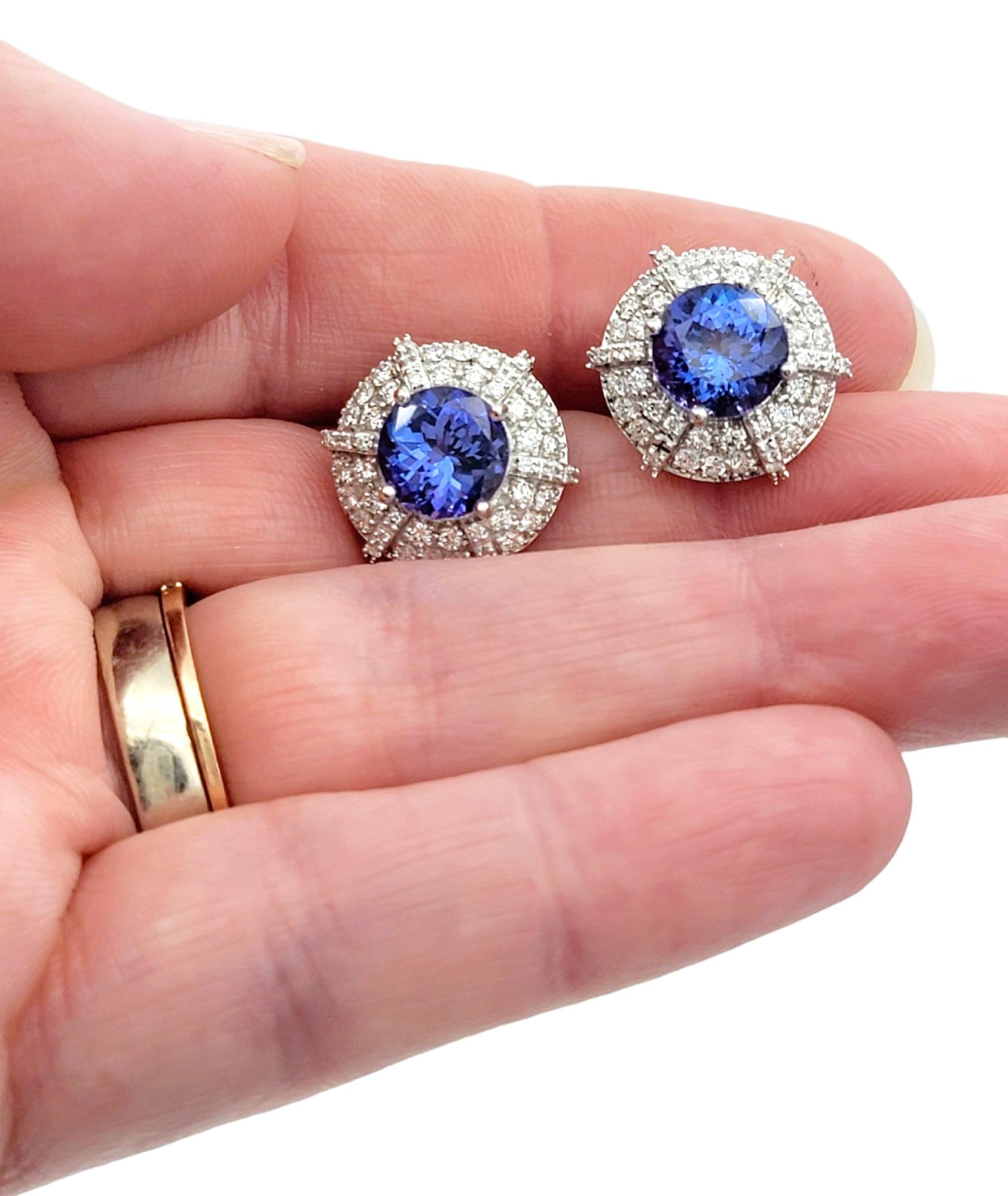 Round Cut Tanzanite and Double Diamond Halo Stud Earrings in 18 Karat White Gold For Sale 2