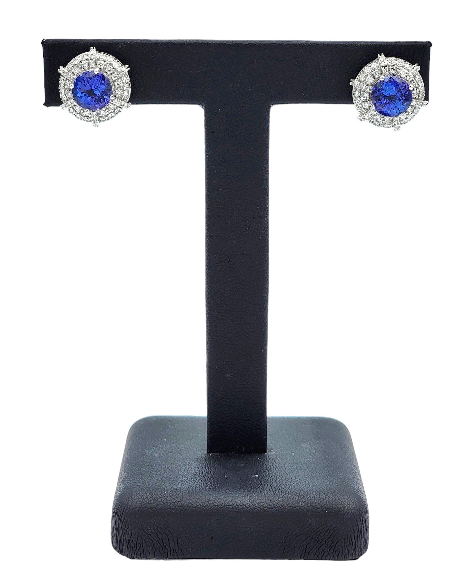 Round Cut Tanzanite and Double Diamond Halo Stud Earrings in 18 Karat White Gold For Sale 3