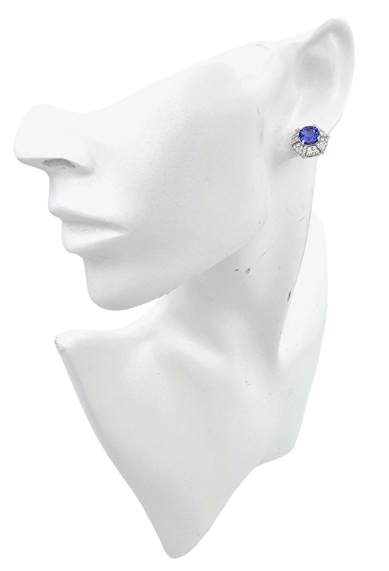 Round Cut Tanzanite and Double Diamond Halo Stud Earrings in 18 Karat White Gold For Sale 4