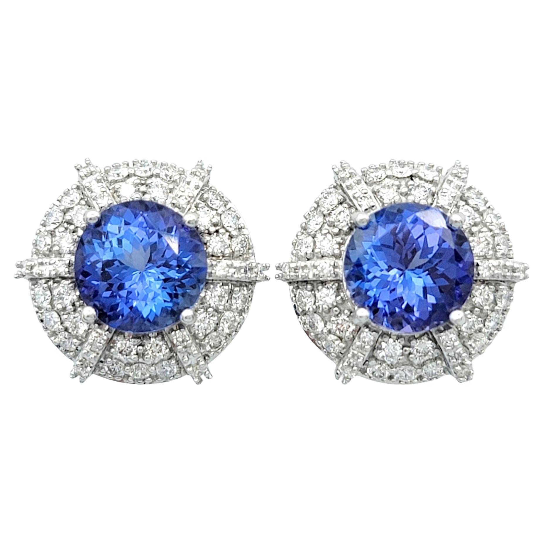 Round Cut Tanzanite and Double Diamond Halo Stud Earrings in 18 Karat White Gold For Sale