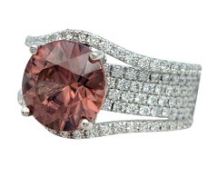 Round Cut Pink Tourmaline and Pavé Diamond Multi Row Cocktail Ring 14 Karat Gold