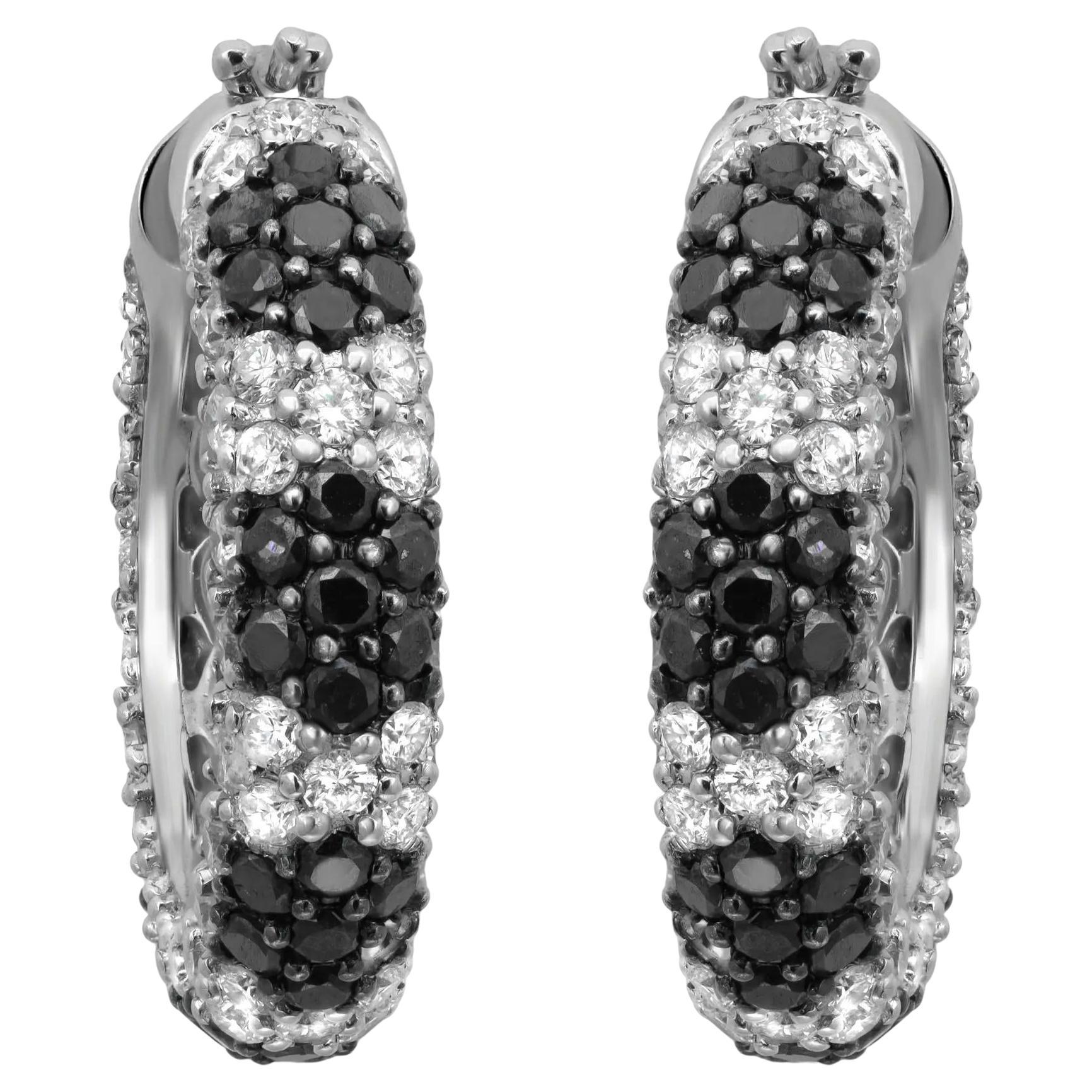 Round Cut White & Black Diamond Hoop Earrings 18K White Gold 7.85Cttw