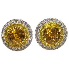 Round Cut Yellow Sapphire, Yellow Diamond and Diamond Earrings in 18k White Gold