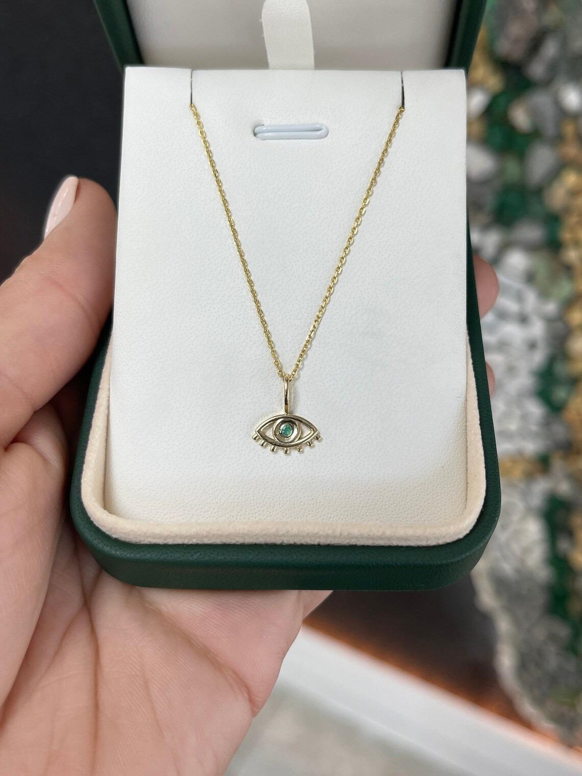 Modern Round Cut Zambian Emerald Bezel Set Evil Eye Real 14K Gold Pendant Necklace For Sale